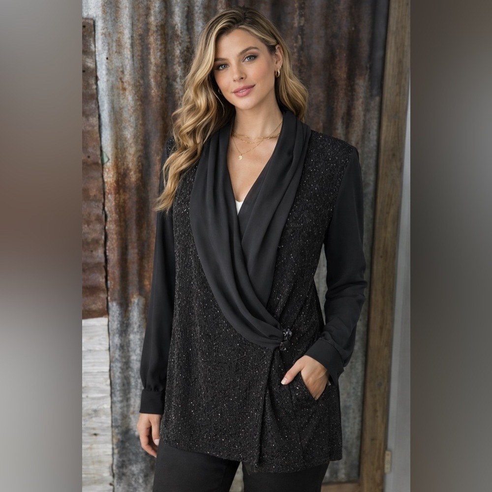 NWT-R&M Richard’s Plus Size 18w Black Embellished Jacket Top Scarf.